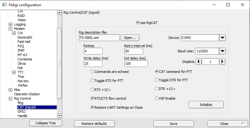 fldigi Rig Control / CAT (rigcat) settings: TS-590S.xml, COM5, 115200 baud, CAT command for PTT and RTS/CTS flow control checked
