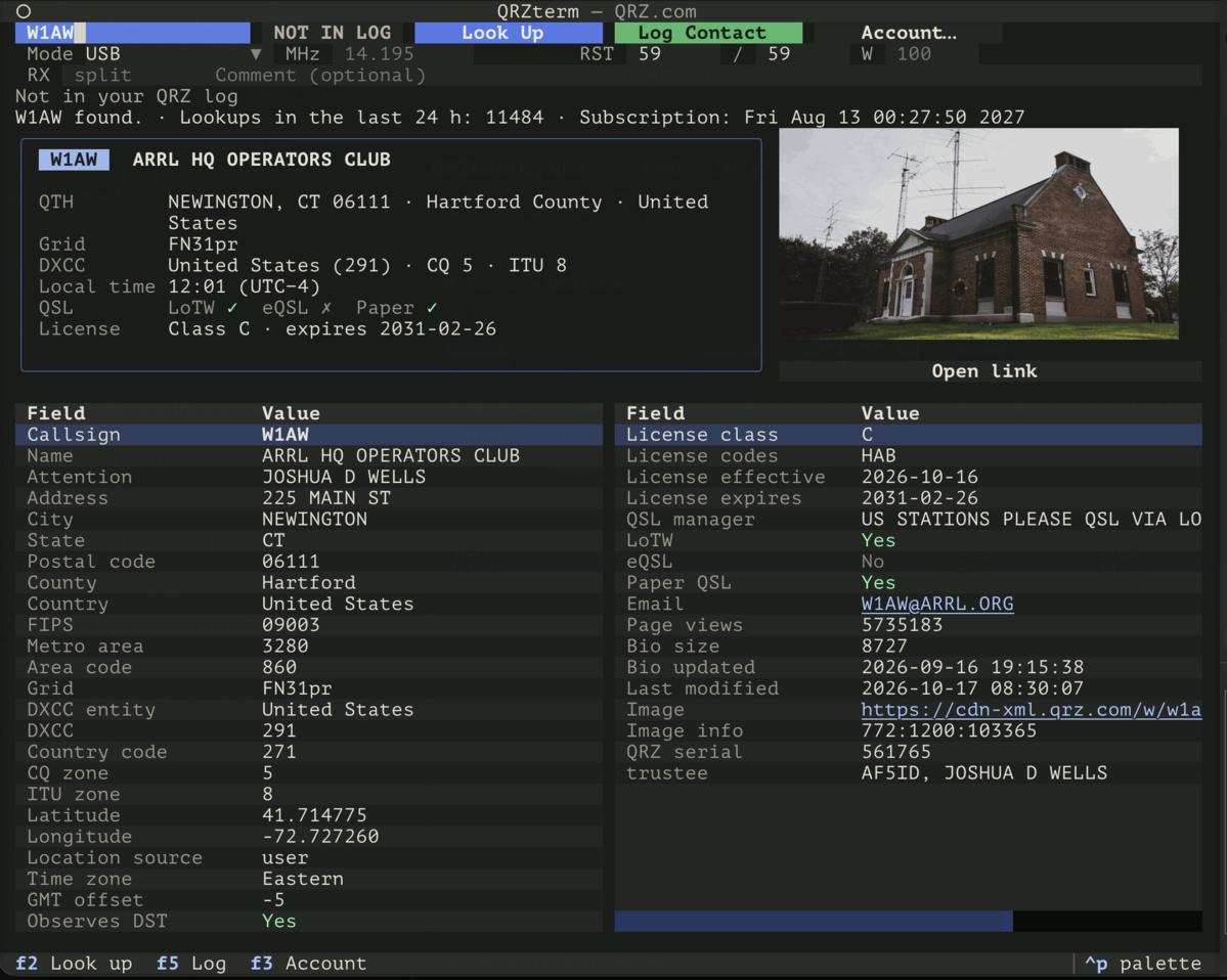QRZterm callsign lookup screen shot