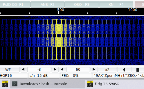 A PSK-31 signal overdriven into ALC, splattering sidebands across the waterfall