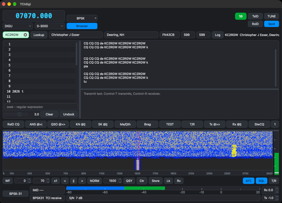 TCIdigi calling CQ in BPSK-31 on 7.070 MHz over TCI